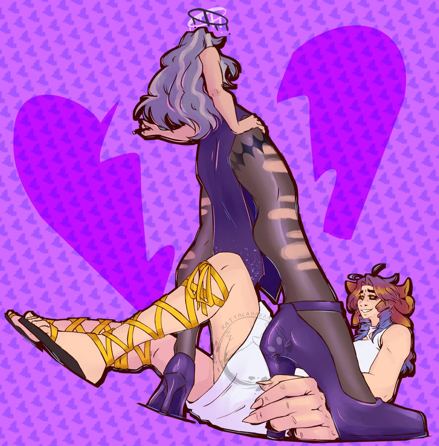 Pose drawover commission for Elitebuster2012 on Discord of his goddess ocs, Mendax standing over Lux. Mendax does not have a visible expression but she looms over Lux with her heel trapping Lux's hand. Lux looks up with a mix of exhaustion and worry. The b