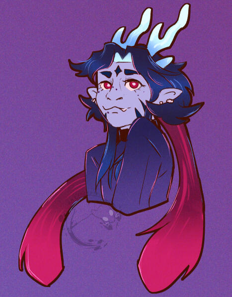 A portrait of a demon guy with blue antlers, red eyes and hair