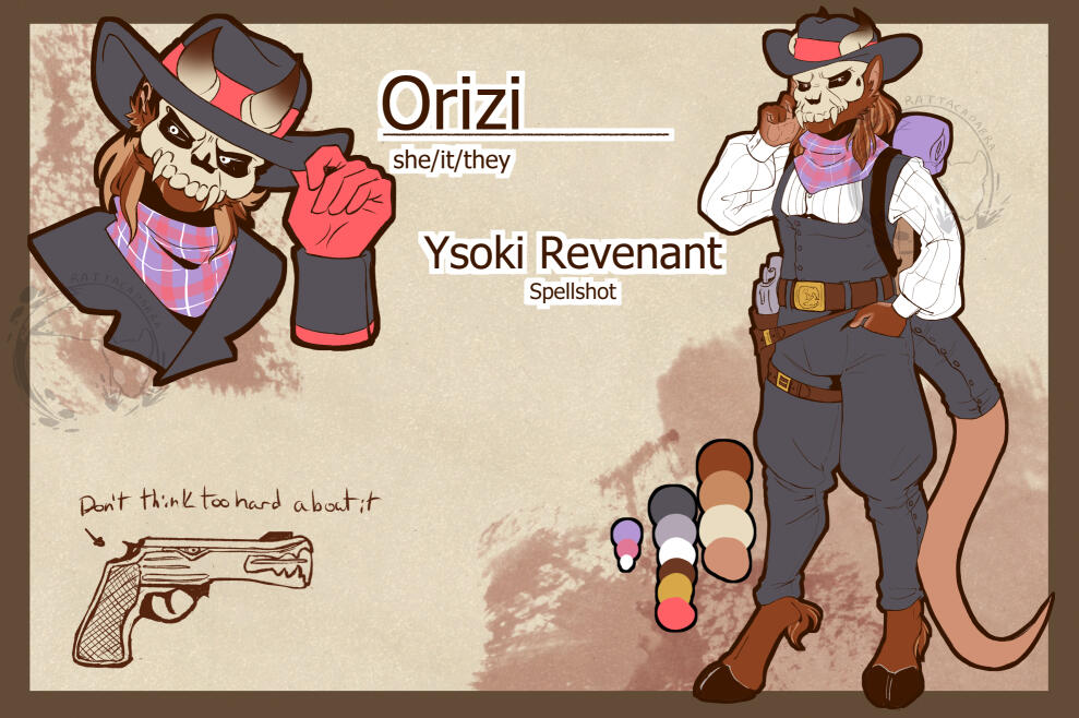 Reference sheet for a Pathfinder2e Ysoki character with an undead cowboy theme. She has a skull for a face, comprising of the whole upper mandable area, and wears dark colored cowboy clothes.