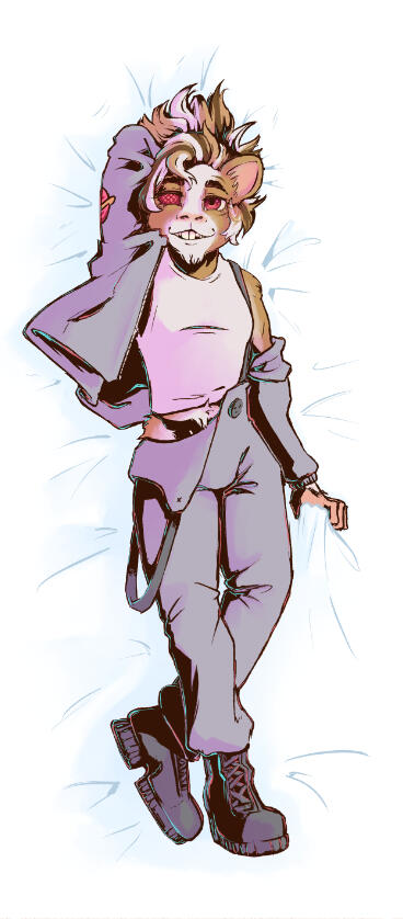 Starfinder1e Ysoki with one cybernetic eye laying on white sheets in his half undressed spacer outfit, his undershirt exposed and his coveralls are lying in a way that has a strap partially visible to the viewer