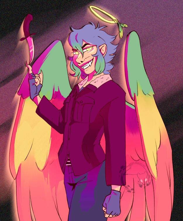 An angel guy with colorful wings, a gold halo over his head and a sinister toothy smile on his face as he balances a knife tip on his clawed finger.