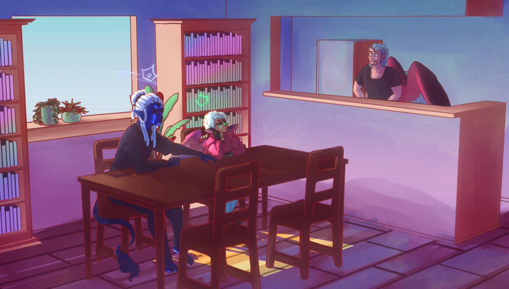 full scene illustration of mine and my partner's (KiingKiismet) sonas in a kitchen/dining room talking to their daughter about some problems she's having. the room is awash in a shifting of colors and hues