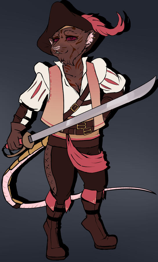 Pathfinder2e Ysoki swashbuckler and the first time I ever drew an anthropomorphic rat. He has dark brown fur with tigerlike markings on his face and neck, a digigrade stance with leather boots built for his posture and leather armor on his legs, with light