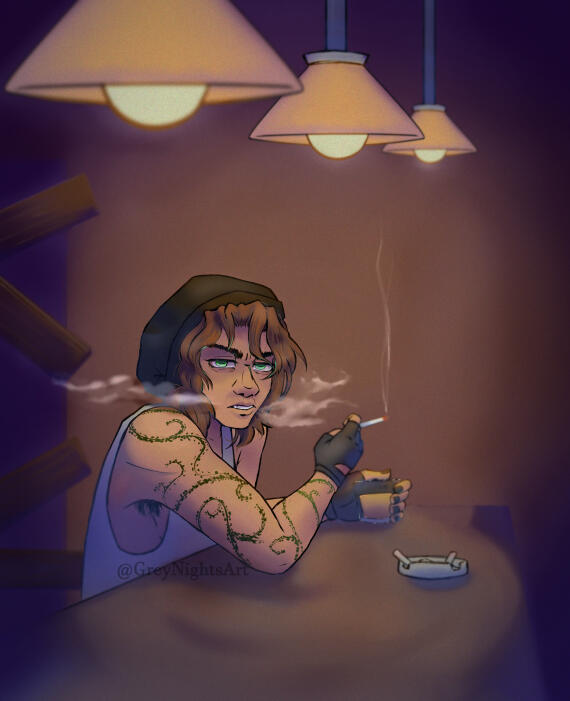 Brown toned image with a purple vignette featuring a dude with vines tattooed on his right arm smoking a cigarette and a glass of alcohol at a bar. He's got a frustrated and exhausted look on his face.