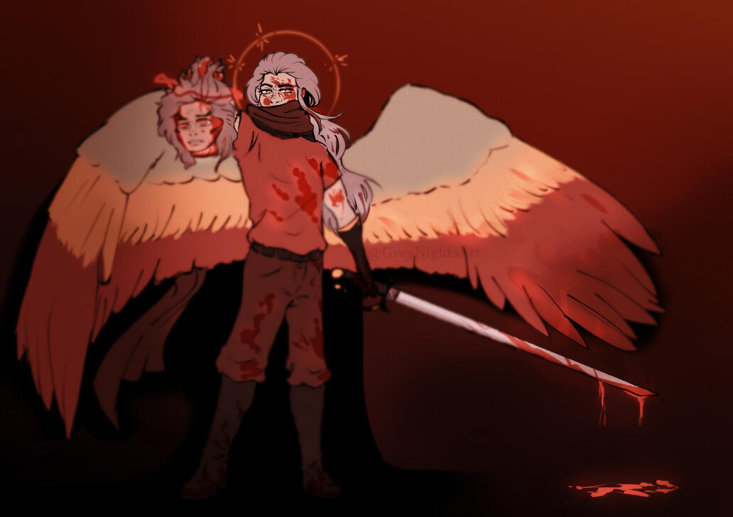Red toned digital illustration of a winged man with flowing hair holding the head of a man that looks related to him in one hand and a bloody long sword in the other. both have red halos, the head having a wavering halo that looks like it's slowly melting,