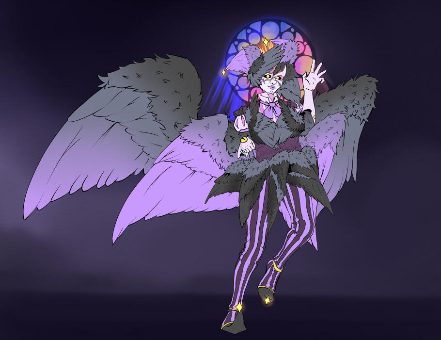 Purple toned illustration of an angel that is composed of costume and wings, she has no solid body, and uses a mask for a face, several wings making up the top and skirt of her body. a stained glass halo shines a sunset hue behind her head.